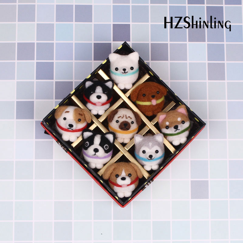 Niet-afgewerkte 9 honden DIY Wool Felling Pakket Handgemaakte Shiba Inu Dog Toy Doll Wool Filt Puted Kitting for Stitch Naald Beginner