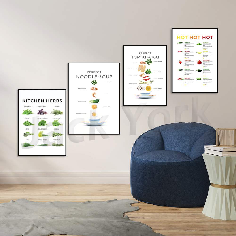 Affiche Nouilles Infographie, affiche Tom Kha Kai Infographie, affiche Info Graphic, Affiche d'herbes de cuisine,