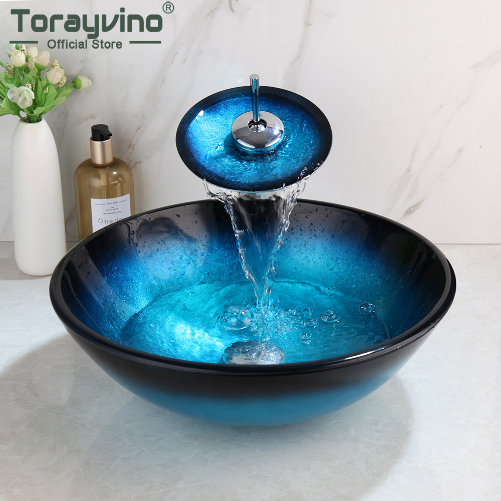 Torayvino Bathroom Waterfall Washbasin Lavatory Tempered Blue Painting Glass Basin Sink Combine Vessel Vanity Tap Mixer Faucet