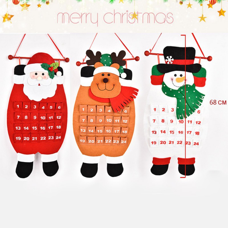 Santa Claus Snowman Elk Adventy Calendário com bolsos 24 dias pendurando o calendário de feltro de contagem regressiva de Natal para decoração de casa interna