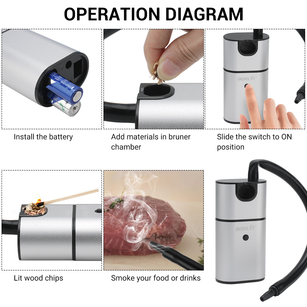 BORUiT Portable Food Cold Smoke Generator Molecular Cuisine Smoking Gun Meat Burn Smokehouse Cooking for BBQ Grill Smoker Wood