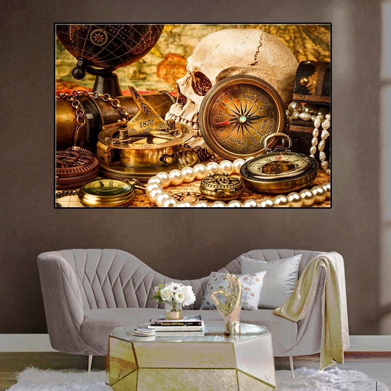 Vintage Light Luxury Compass Globe Sail Map Poster Golden Pearl and Skull Canvas Painting Picture Living Room Wall Art Decor