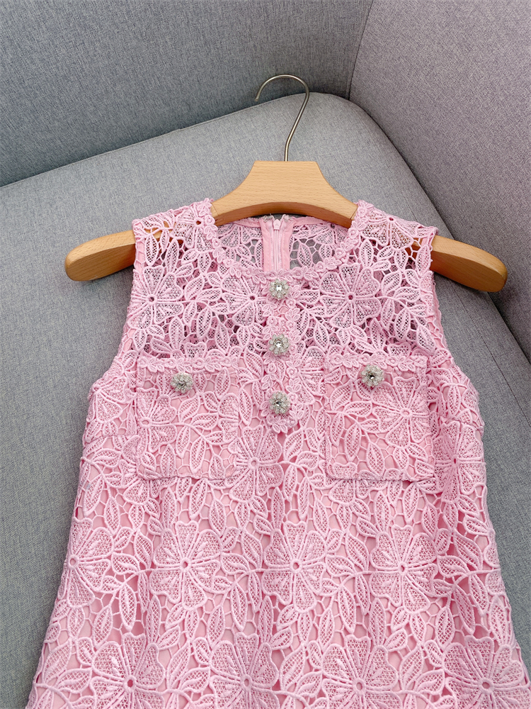 Spring Summer Pink Floral Print Panelled Lace Dress Sleeveless Round Neck Double Pockets Short Casual Dresses G4A10