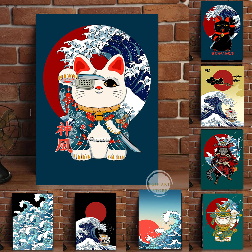 Poster Retro Japonês Ukiyoe Kanagawa Onda One Piece Piratas assina Koi Cat Samurai Painting Art Prints Home Wall Decor