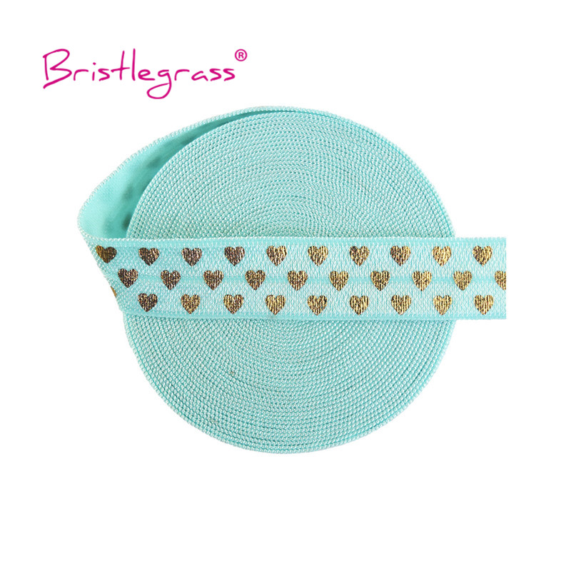 BRISTLEGRASS 2 5 10 Yard 5/8" 15mm Gold Love Heart Foil Print Fold Over Elastics FOE Spandex Bands Hair Tie Headband Sewing Trim