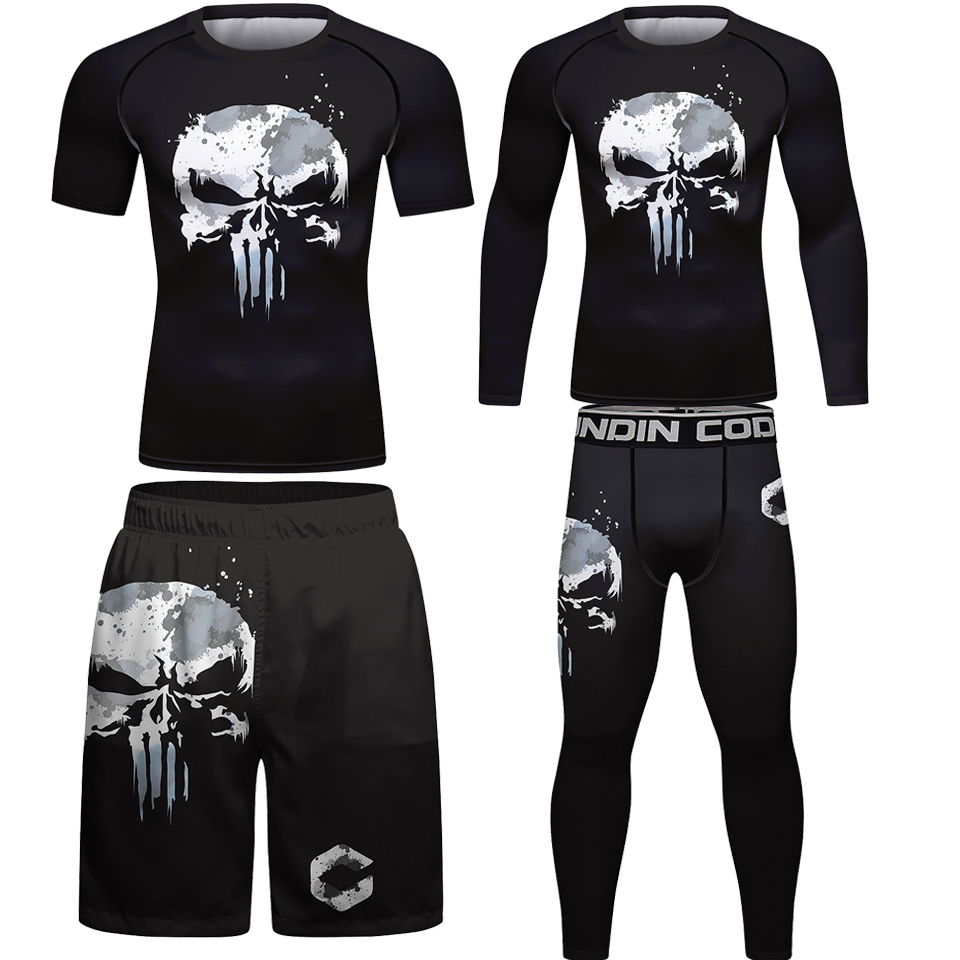 BJJ GI MMA T-shirt+Muay Thai Şort Kafatası Döşeme Muhafız Jiu Jitsu T Shirk Kickboks Sportsuit Rashguard MMA Giyim