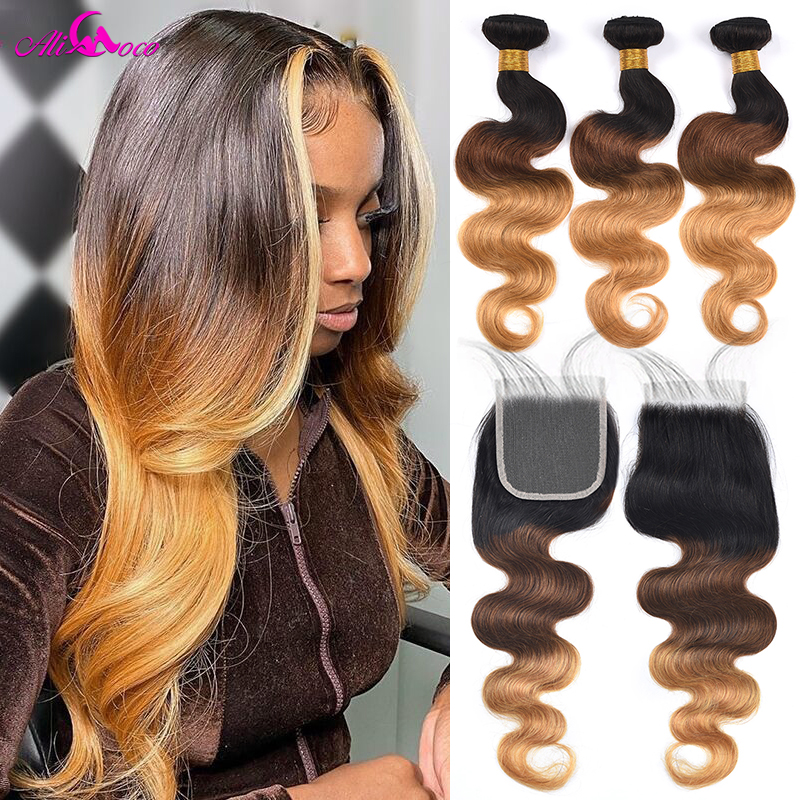 1B 4 27 Remy Ombre Human Hair Weave Pakiet z zamknięciem 4x4 5x5 wiązki z zamknięciem Brazylijskie wiązki fali ciała z zamknięciem