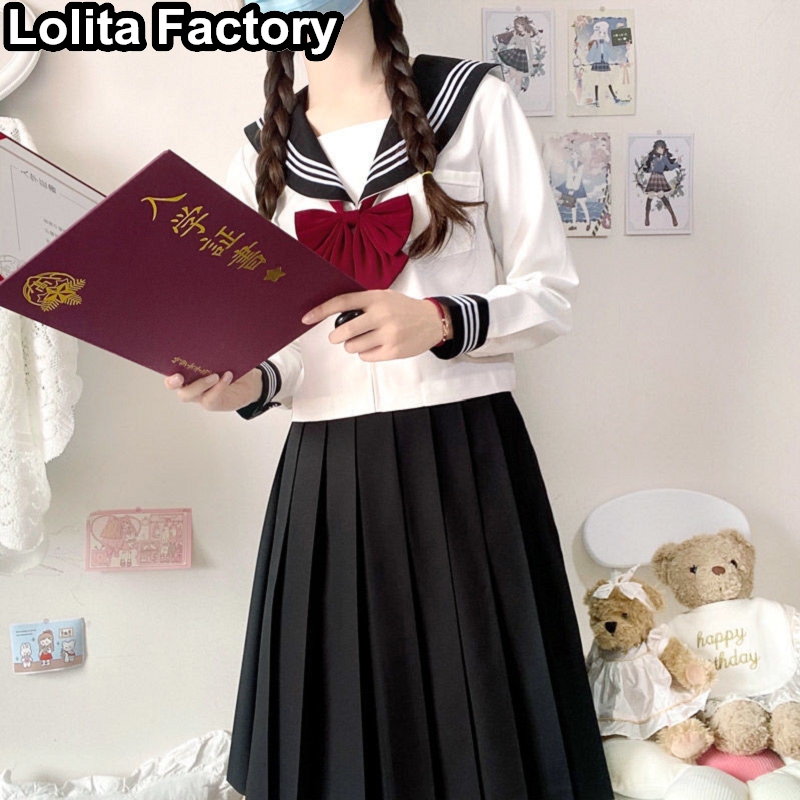 Japonais Girl Girl Étudiant JK Uniform Black Cost Clip à nœud Cravage court / Longte à manches longues Uniformes de style collégial Costume de marin de style collégial