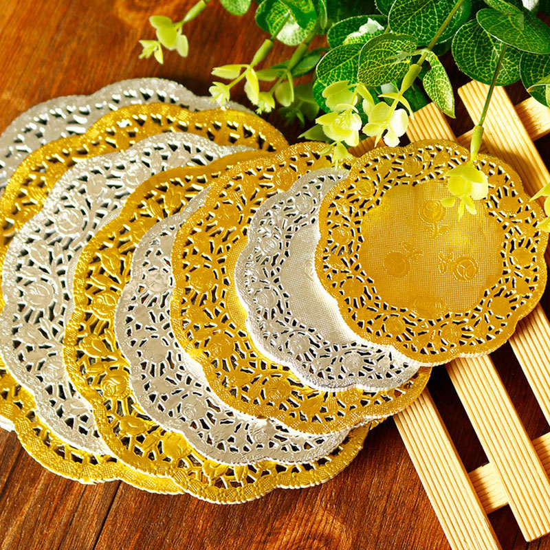 Runde Papier Doilies Golden Silber Spitze Küche Hochzeitsfeier Dekoratives Back -Tischemat Tee Kaffee Doily Handmade Pad 
