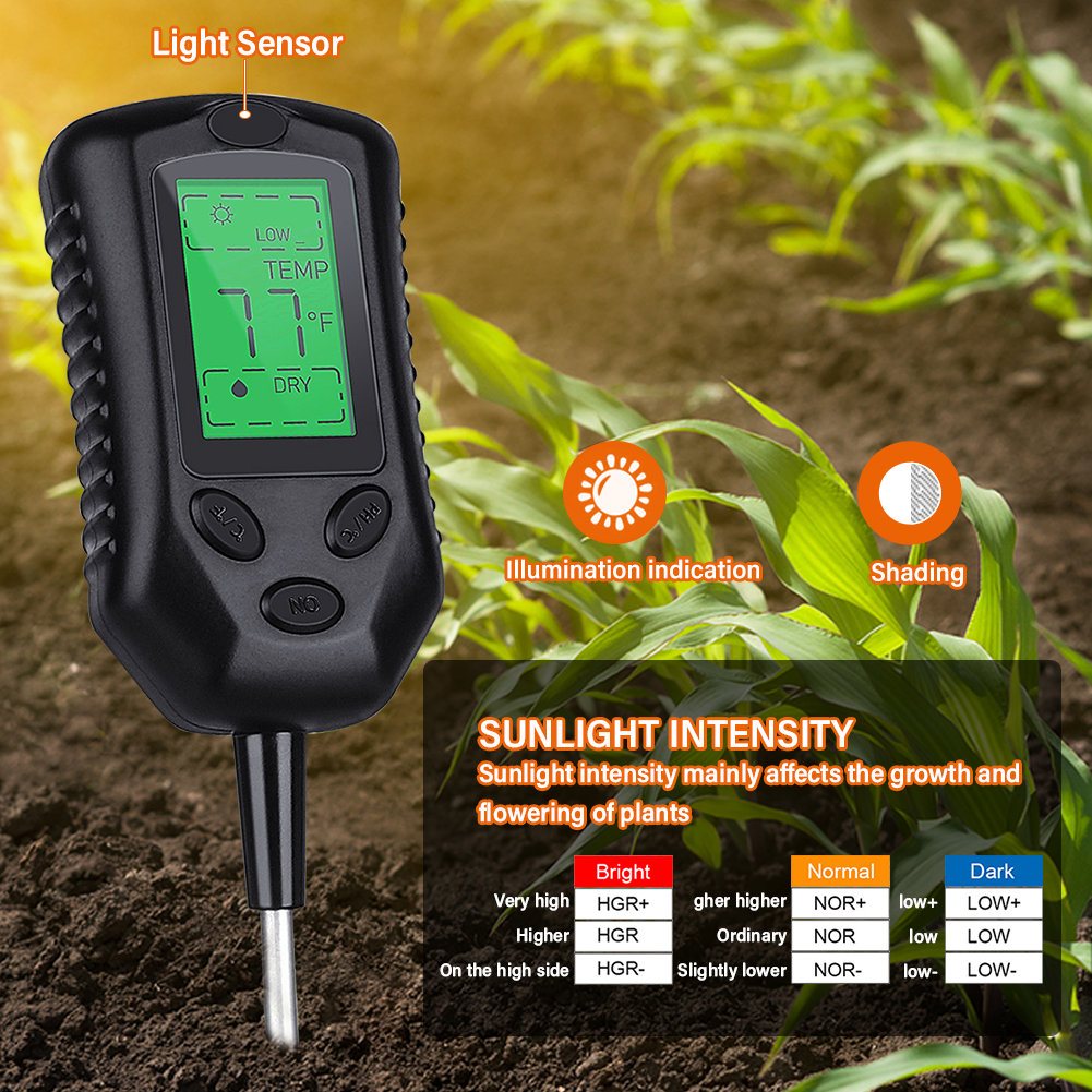 Yieryi Nieuw 4 in 1 bodem pH -meter Vocht Monitor Zonlichttester Thermometer Tuinplanten PLANTEN BOOM SENSOR MET BLAMLIGHT