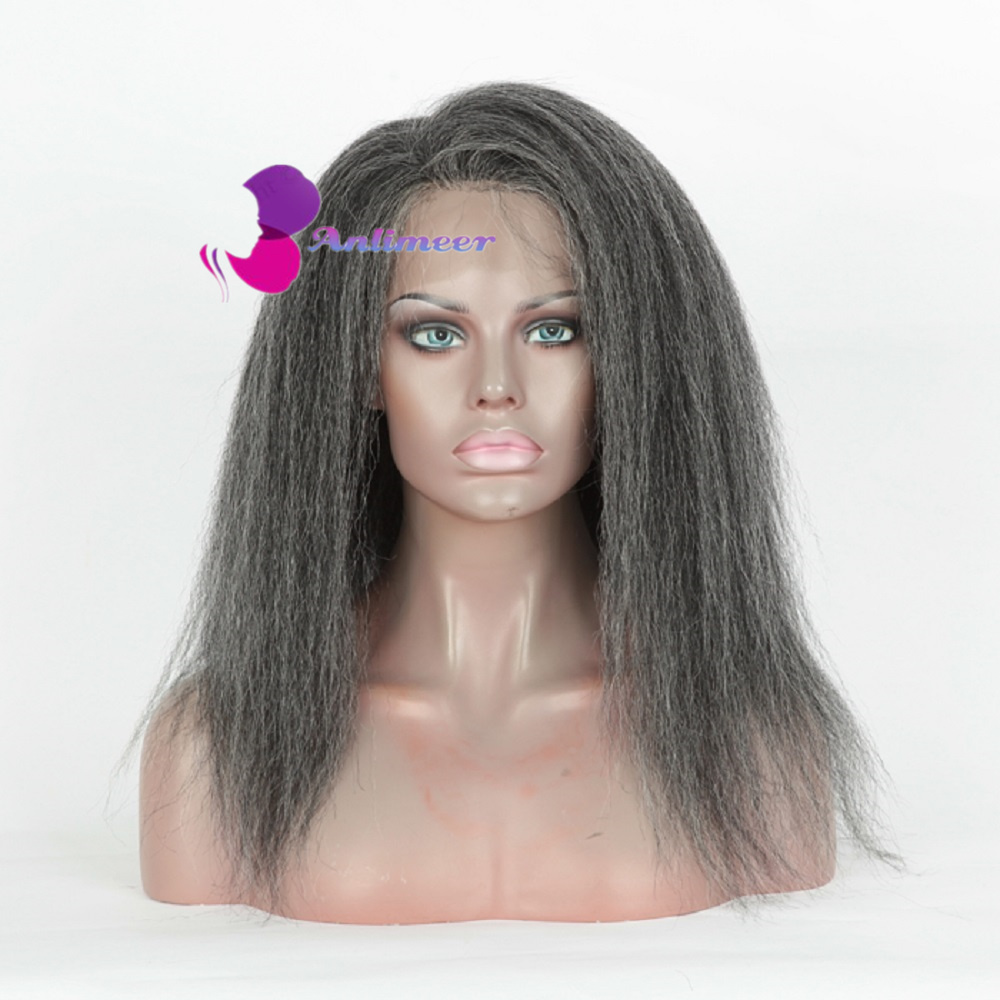 Kinky gerade Perücken Haar Ersatz Perücken heben schwarze und graue Perücken Spitzen -Vorderperücken menschliches Haar 150% Dichte für Frauen