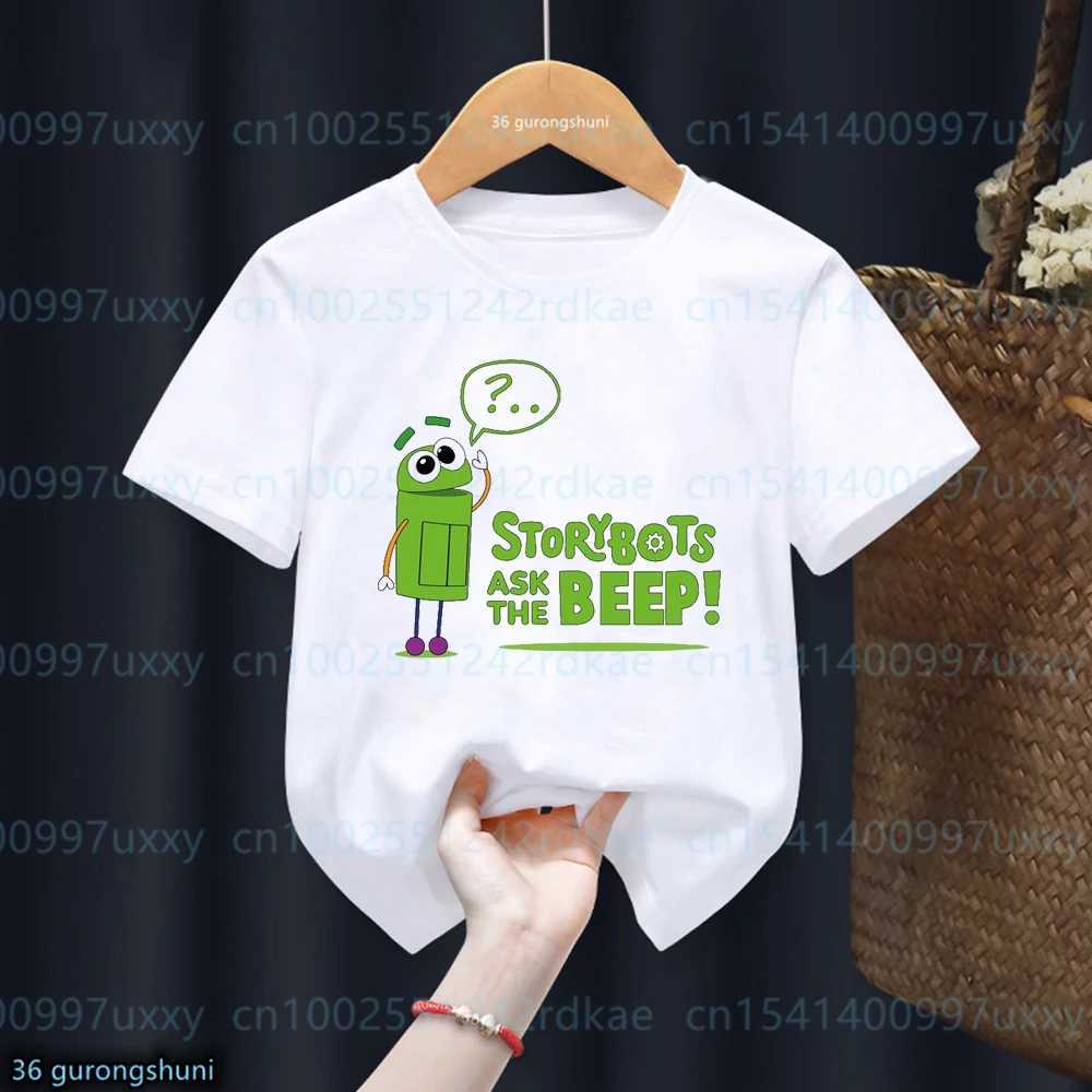 T-shirts t-shirt voor jongens grappige animatie vraag de verhaalbots cartoon print kinderen t-shirt mode jongens kleding zomer witte korte mouwen top 240410