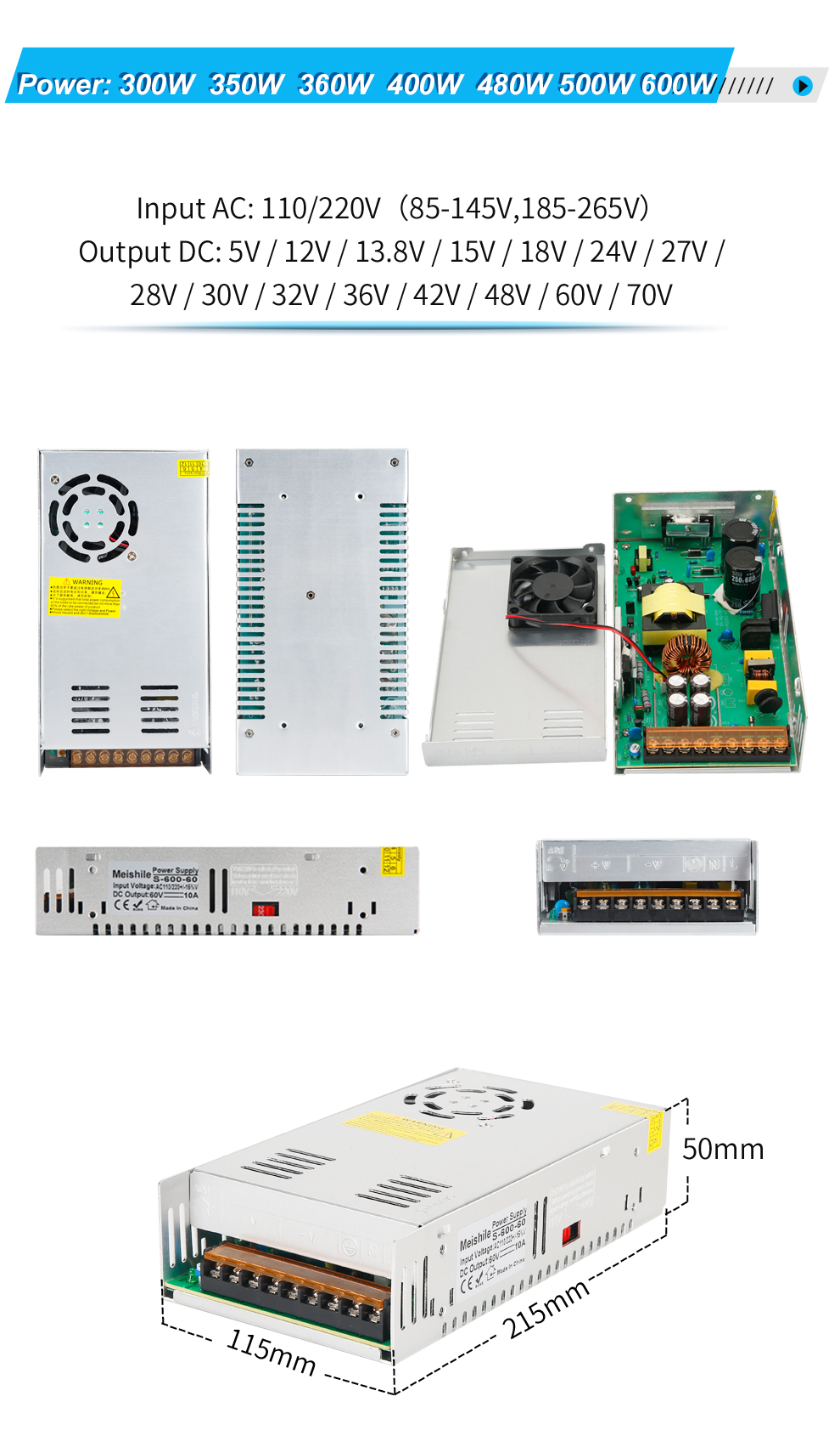 AC à DC 13.8V 43.5A 600W Transformateur d'entraînement d'alimentation de commutation pour l'équipement électrique électronique industriel CNC Motor CNC, etc.