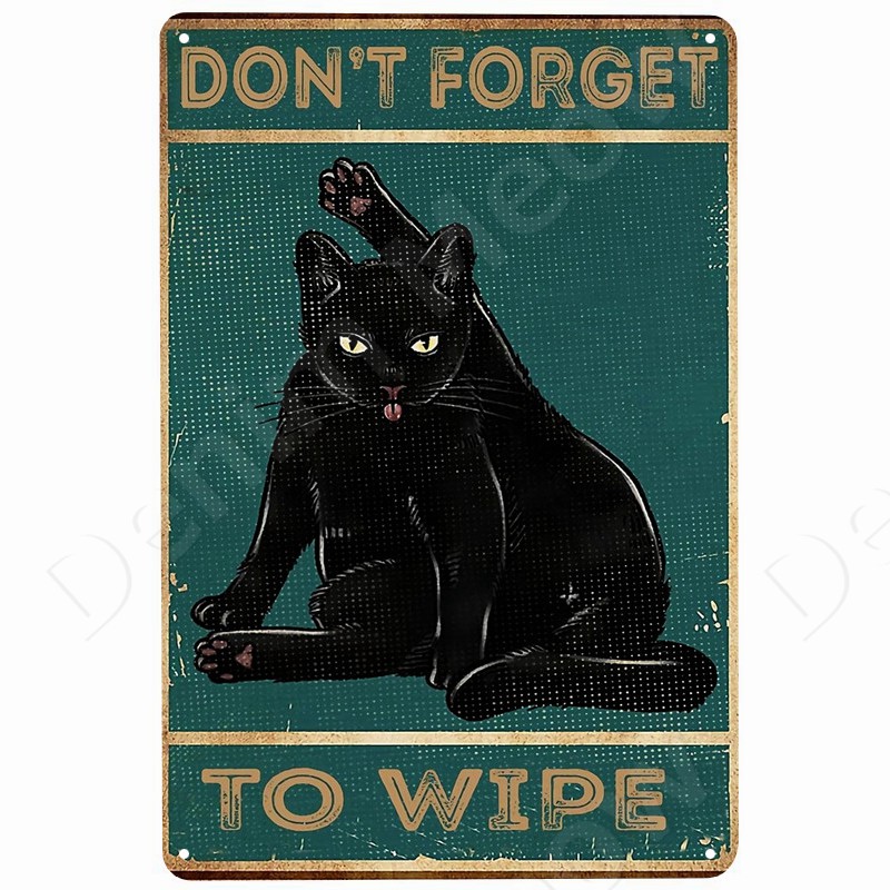 Funny Black Cat Vintage Tin Sign Remember to Wipe Metal Poster Cat Retro Plate Hello Sweet Cheeks Bathroom Decor for Bar Cafe