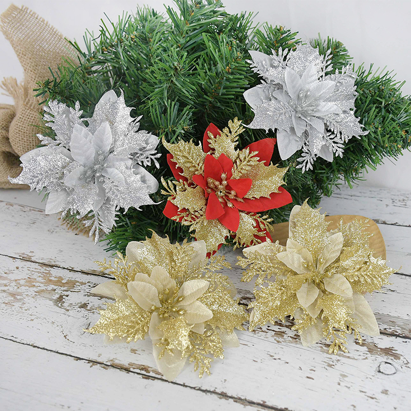 Grand paillette poinsettia fleur têtes de fleurs artificielles pour la fête de mariage décoration de la maison Noël joyeux Noël ornements