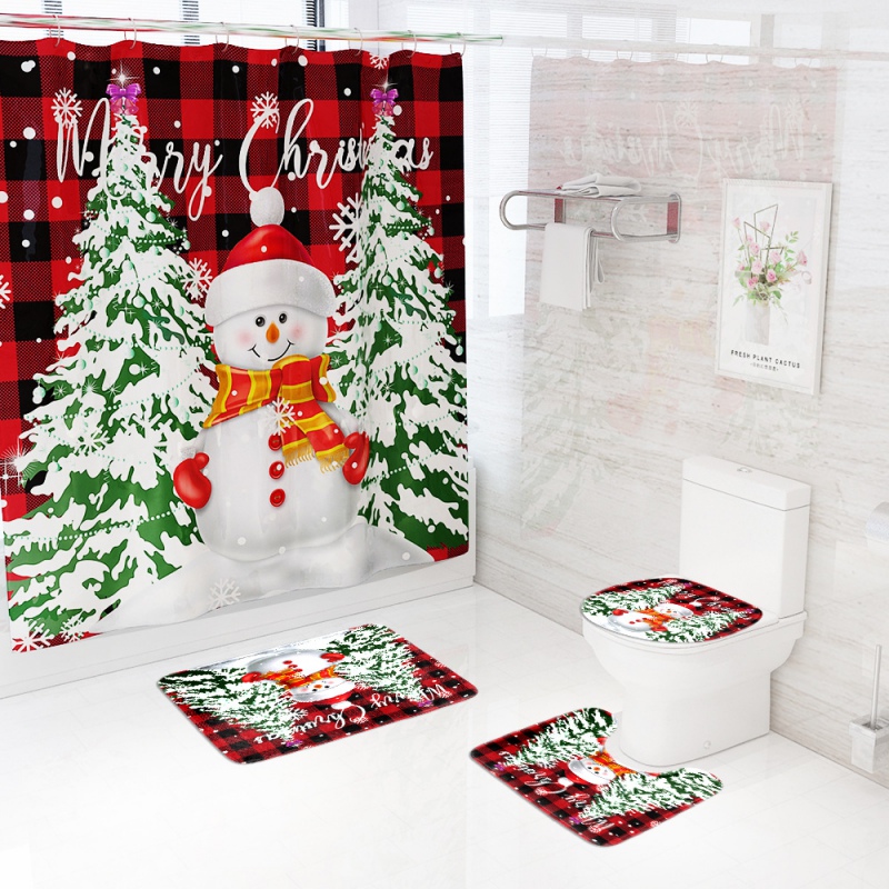 2022 Christmas Shower Curtain Set Printed Bathroom Accessories Kit Waterproof Shower Screen Non-slip Bath Mat for Home Holiday