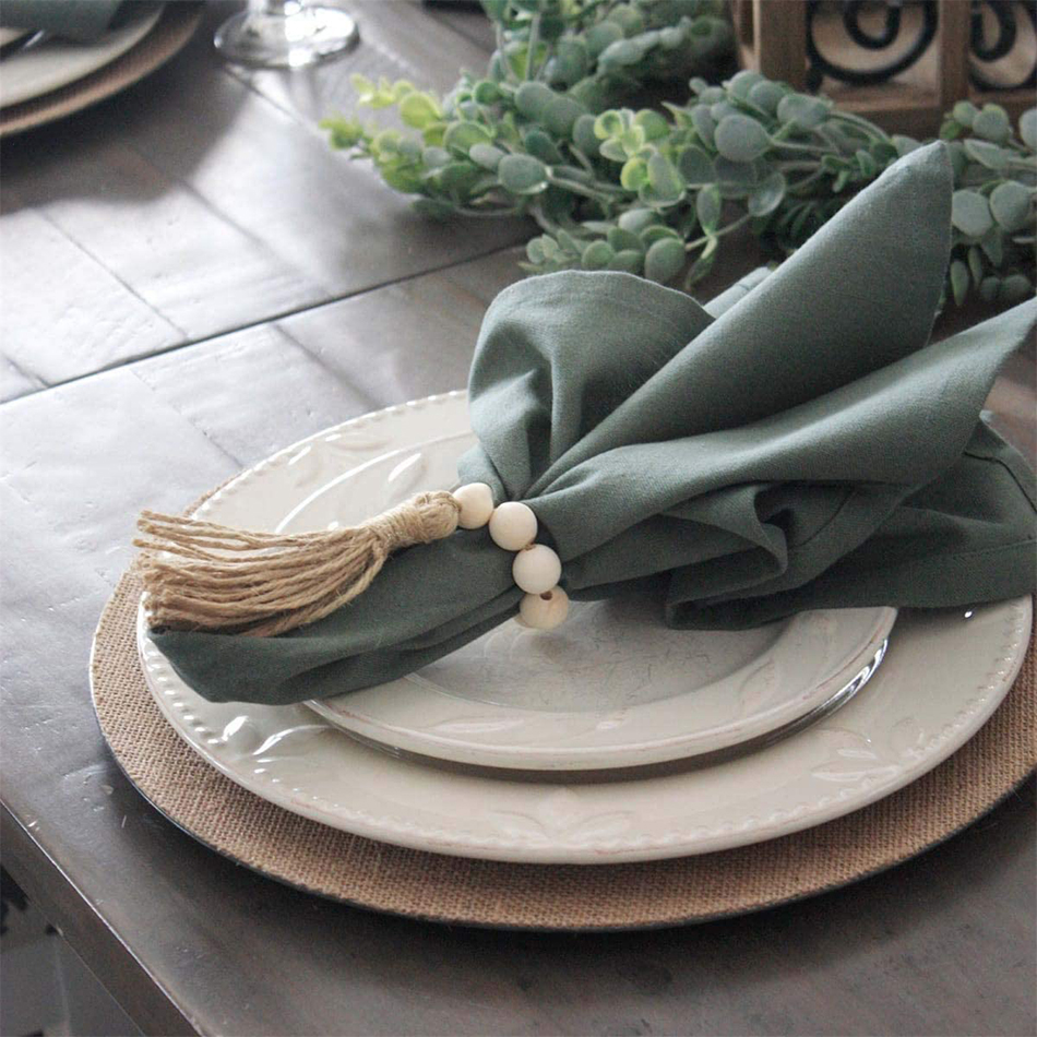 Rustic Farmhouse Napkin Holder,Natural Wood Bead Napkin Rings with Tassels,Wedding Home Decor Handmade Napkin Buckles