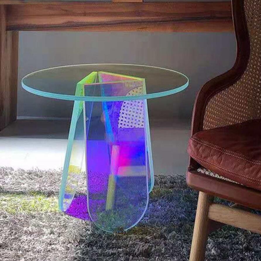 Nordic Acrylic Side Table Display Designer runden farbenfrohe Regenbogen klarer Acryl -Schillern Kunst Couchtisch Hausmöbel