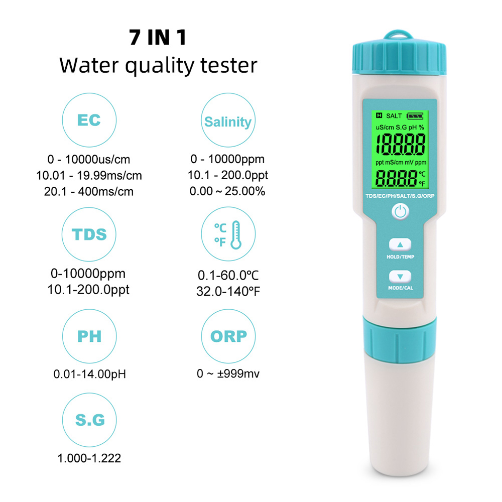 7 I 1 pH/TDS/EC/ORP/S.G/Salthalt/temperatur Multi-parameter fickvattenkvalitetstestare för pooler dricksvattenakvarium