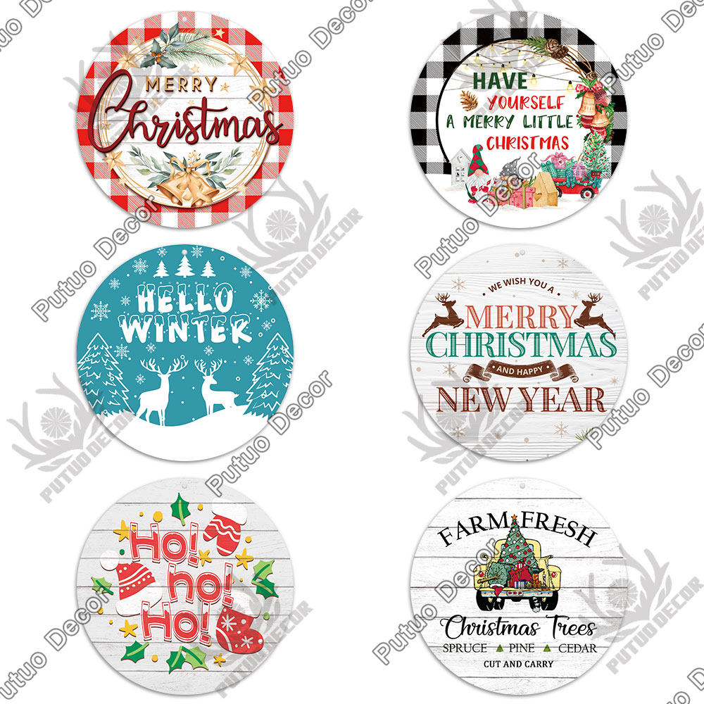 Decorazioni putuo Merry Christmas Round Legno Sign arredamento a parete in legno rustico la casa ornamento del giardino Ornament Porta appesa