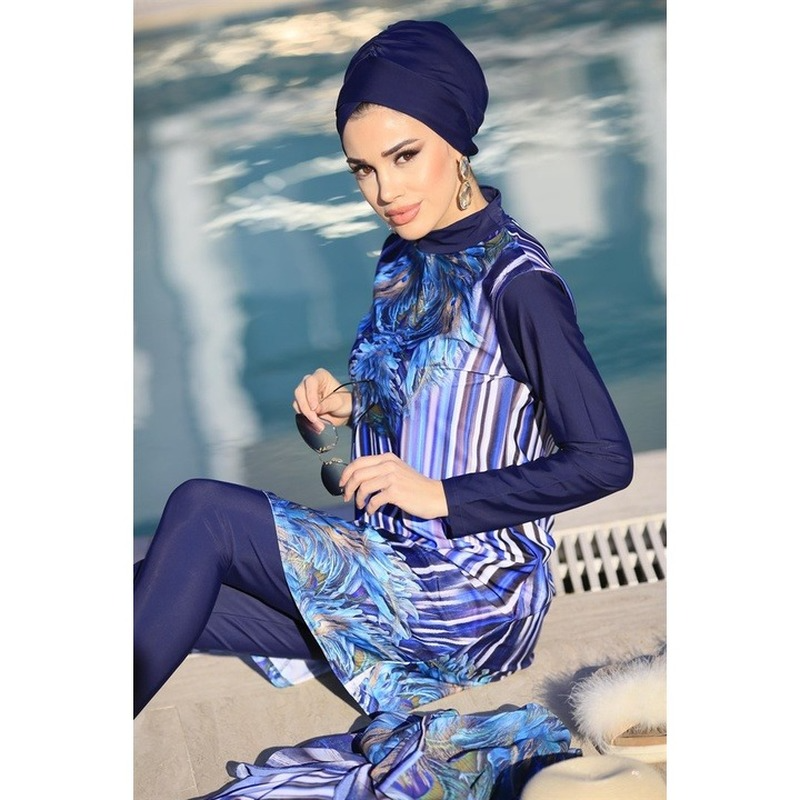 Vrouwen moslim badkleding lange mouwen sport zwemmen zwemmen togs geprinte stretch volledige dekking hijab lsdlamic burkinis slijtage badpak