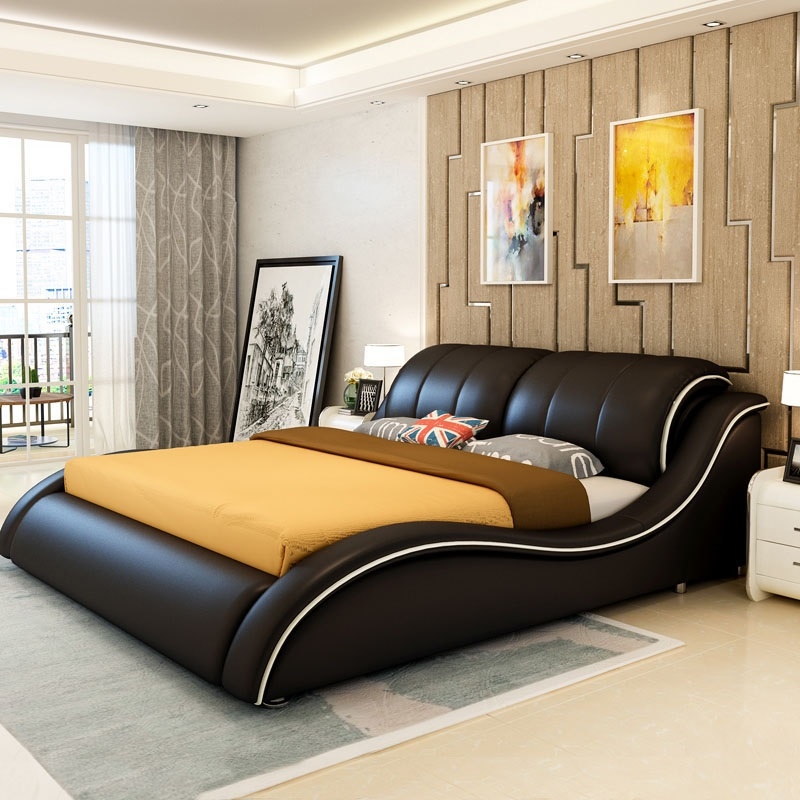 Echte lederen bedframe rechthoek bekleed cama's dubbele bedden ontwerper verlichte 2 personnes slaapkamer maat, kleur kan worden aangepast