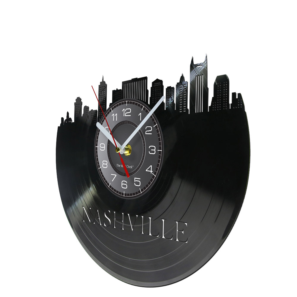 Nashville CityScape Gramophone Record Wall Clock Music City Tennessee City Skyline Landscape Vinyl CD Disc Wall Watch Modern Art