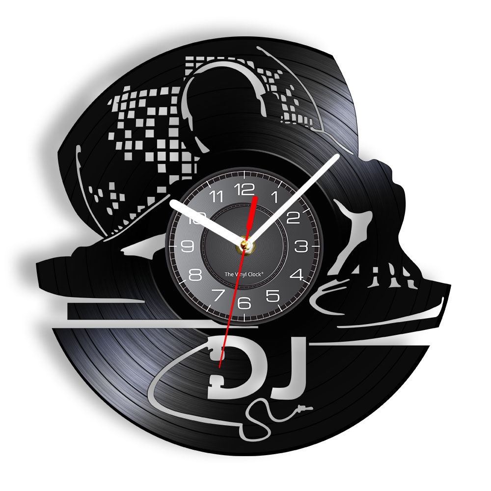 DJ Musik Vinyl Record Clock Disc Rock and Roll Live Player Mixer Album Wall Night Boom Shake High Club Radio Sound Handicraft