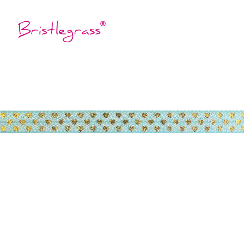 BRISTLEGRASS 2 5 10 Yard 5/8" 15mm Gold Love Heart Foil Print Fold Over Elastics FOE Spandex Bands Hair Tie Headband Sewing Trim