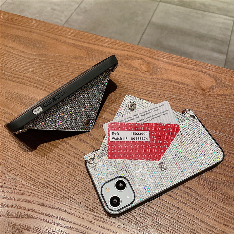 Caixa telefônica de carteira de diamante de luxo glitter para iPhone 13 12 11 14 15Pro max xr xs 7 8 Plus Tampa de Crossbody Shining With Chain