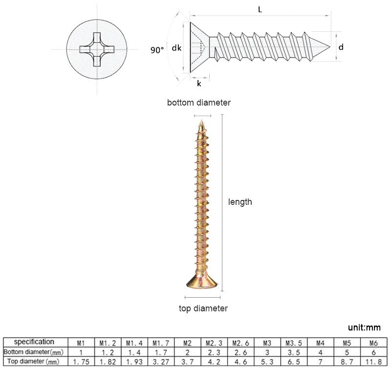 Tornillo de Cabeza Plana Autorroscane Para Madera, M3, M3.5, M4, M5, Restimiento de Zinc, Empotrado en Cruz, Tabero de Fibra de Carbono Avellanado, 100 Unids / Lote