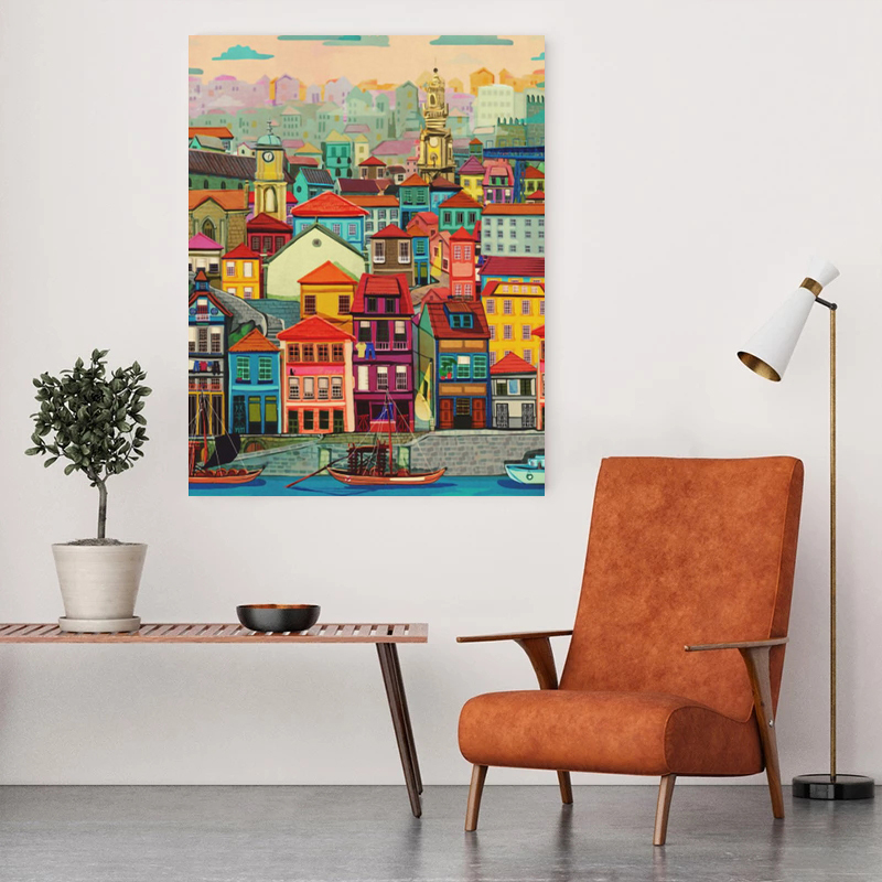 Färgglada hus vid vatten vintage affisch stad landskap nordisk konst canvas tryck målning vägg bild modern hem dekoration