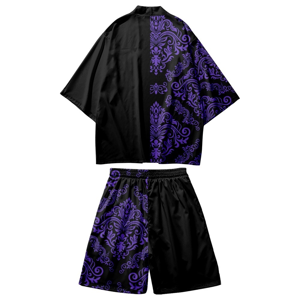 Fleurs de cajou imprimées couples noirs femmes hommes japonais kimono cardigan lâche décontracté et short de plage fixer des vêtements asiatiques harajuku