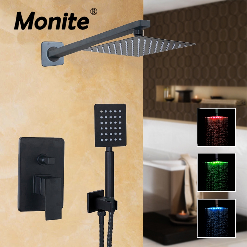 Monite Matte Black Bathroom Douche de douche 8 ~ 16 pouces LED COME PLUICE PLAGE PLUBLE SPILIE DE DOUCHE MUR NOIR BOUCLE DOUCHE FAUCET