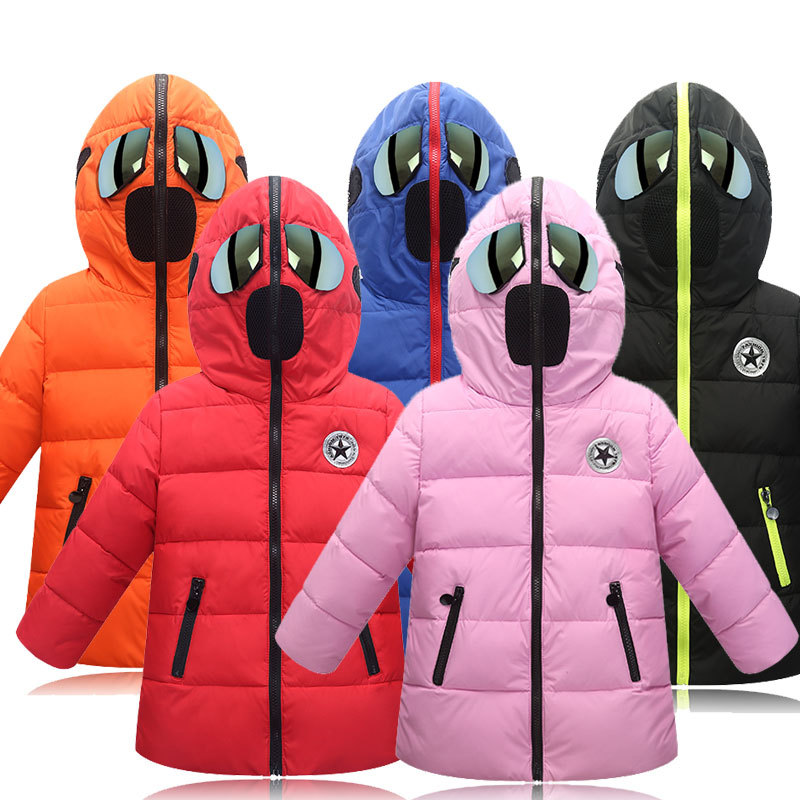 Nieuwe meisjesruimte Pak Winter Down Jacket met bril in Hood Cool Boy Snow Jacket Coat Hoogwaardige kinderen Sneeuwkleding 3-12y