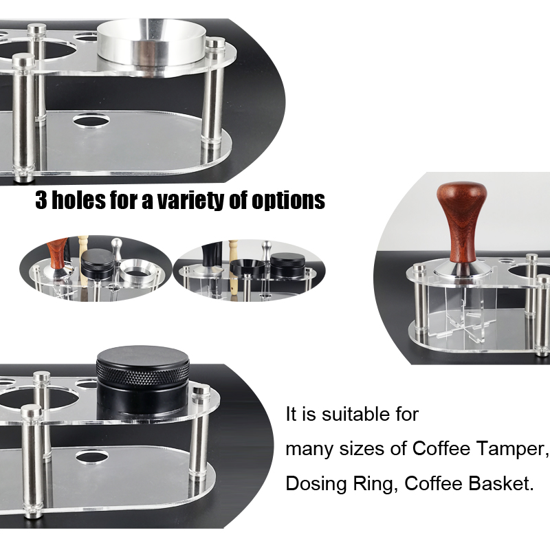 1-51 mm / 53 mm / 58 mm Réglable 3 angle de base plate Coffee Tamper à aiguille en poudre Brosse propre avec des accessoires de support transparent