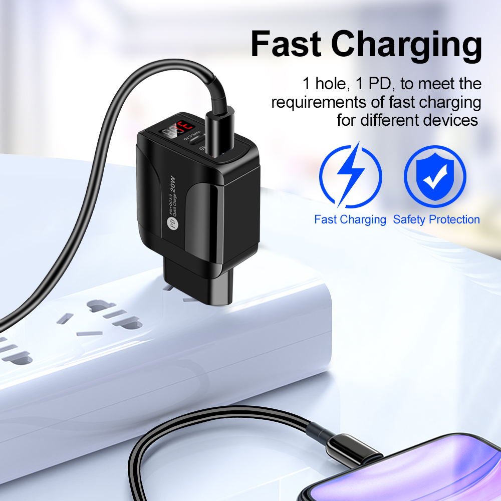 AC DC PD 20W Power Adapter 5V Charger For IPhone Samsung Xiaomi Type-c LED Display USB Power Supply Source Travel Adapter 5 Volt