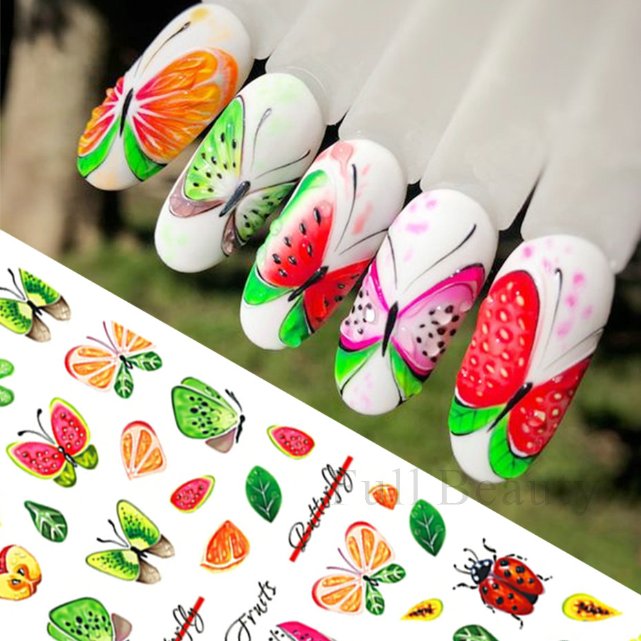 3D Fruit Stickers Cute Nail Art Adhesives Sliders Creative Butterfly Trend Fruity Design Summer Nail Polish Decals Decor CHF878