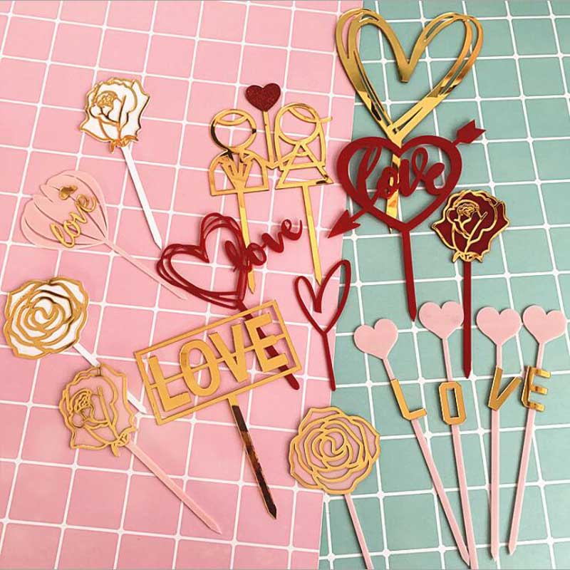 1st Acrylic Gold Red Love Heart Cupcake Topper Happy Birthday Cake Topper Jubileum Bakning Dessert Cake Topp Flagdekorationer