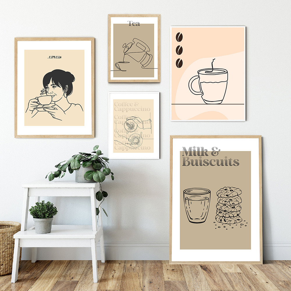 Décoration modular beige images nordic style imprime affiche de ligne de dessin fille café tasse de café art toile peinture pour la cuisine de la cuisine