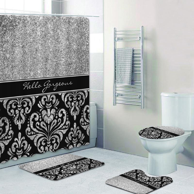 Luxury negro damask damask cortina de baño juego de tela de baño