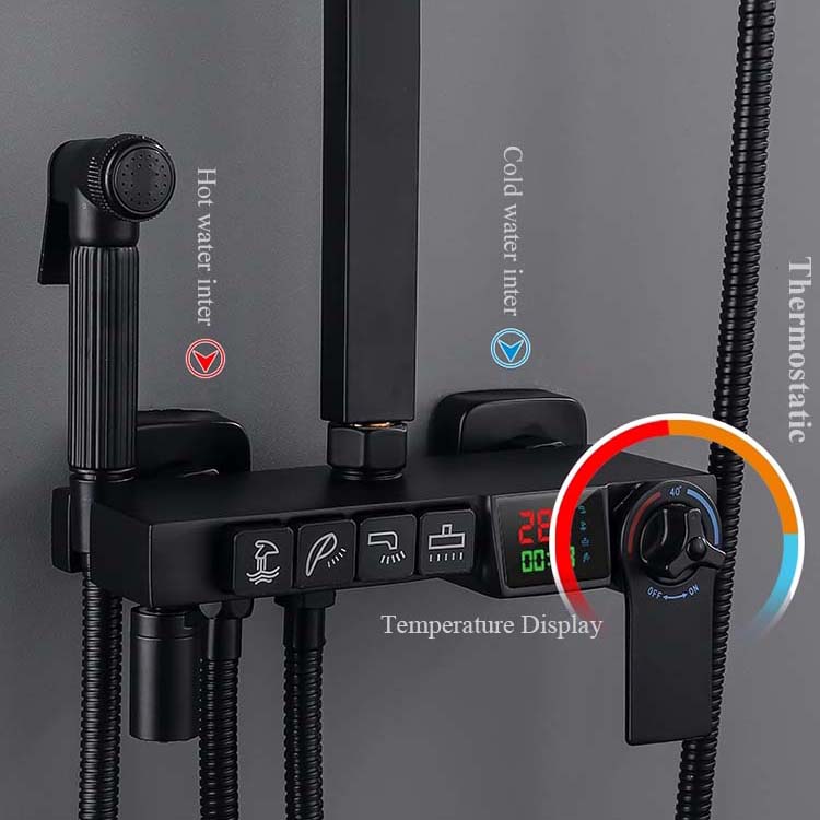 무광택 블랙 디지털 샤워 시스템 LED 스크린 온도 놋쇠 욕실 샤워 수도꼭지 벽 장착 온도 조절 목욕 샤워 세트
