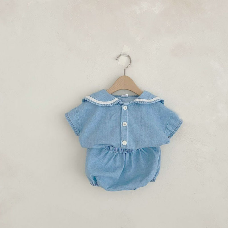 2023 Été Nouveau bébé Navy Collar vêtements Ensemble Kids Girls Girls Short Sleeve Denim Tops + Shorts Suit mignon Baby Boy Denim tenues