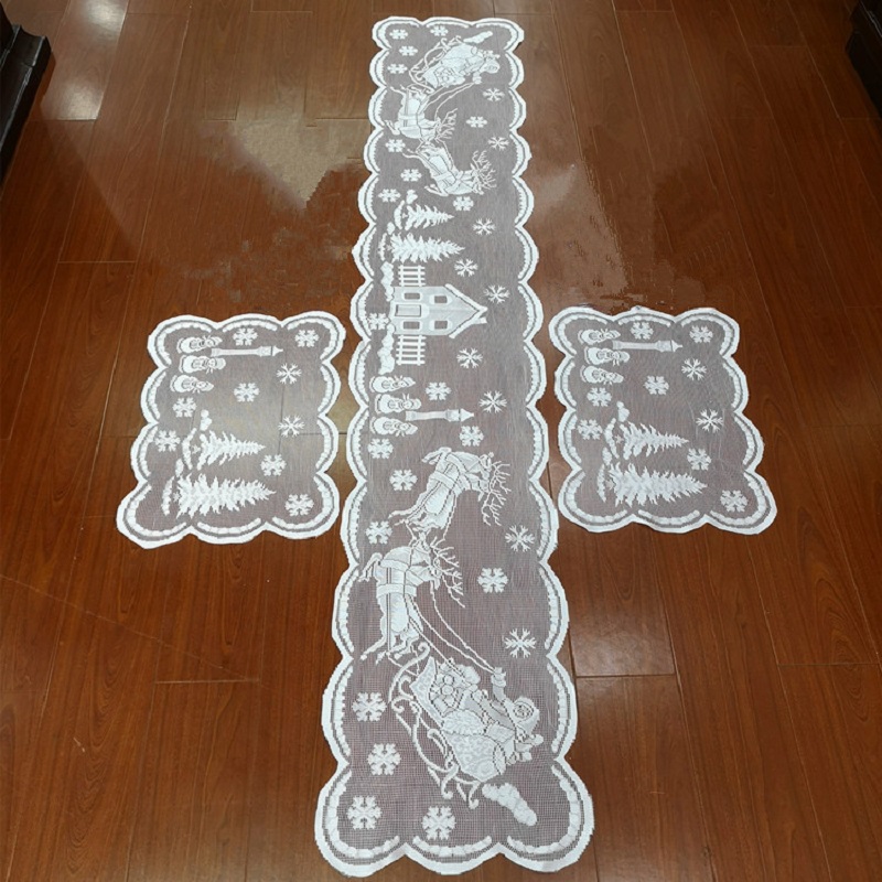 Julgran snögubbe Santa Table Runner White Lace Snowflake Table Cover för hem Trackan Birthday Wedding Xmas Party Decor Dekor