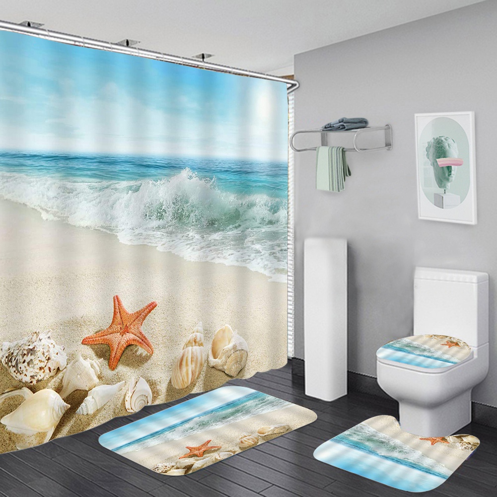 Badrumstillbehör Set Ocean Theme Shower Crawtain Bath Mat Toalett Cover U Shape Pad Hållbar för HOLE Hotellgåvor