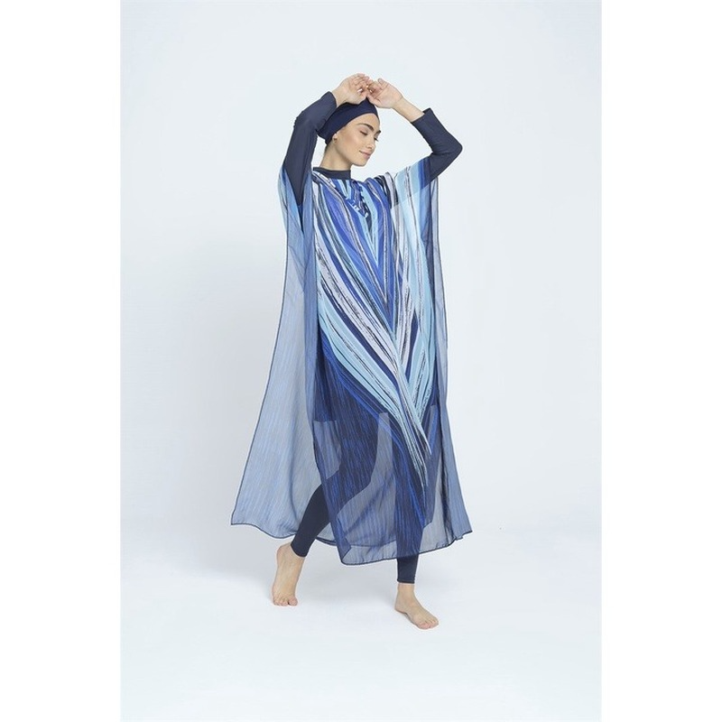 Costumi da bagno musulmani donne lago blu twill stampato modesto hijab maniche lunghe costume da bagno sportivo 4 pezzi lslamic burkinis indossa costume da bagno