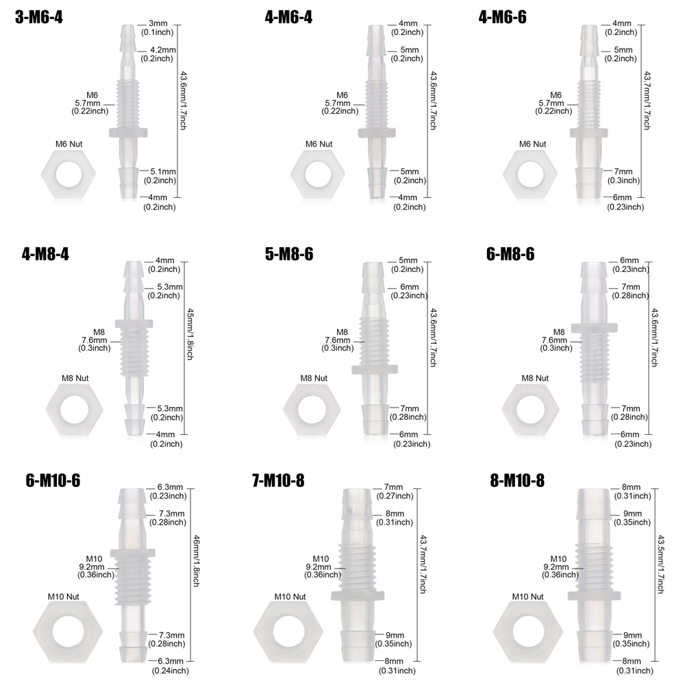 3~8mm M6~M10 PP Thread Hex Nut PP Straight Connectors Aquarium Fish Tank Adapter Air Pump Hose Fittings Joints Tools