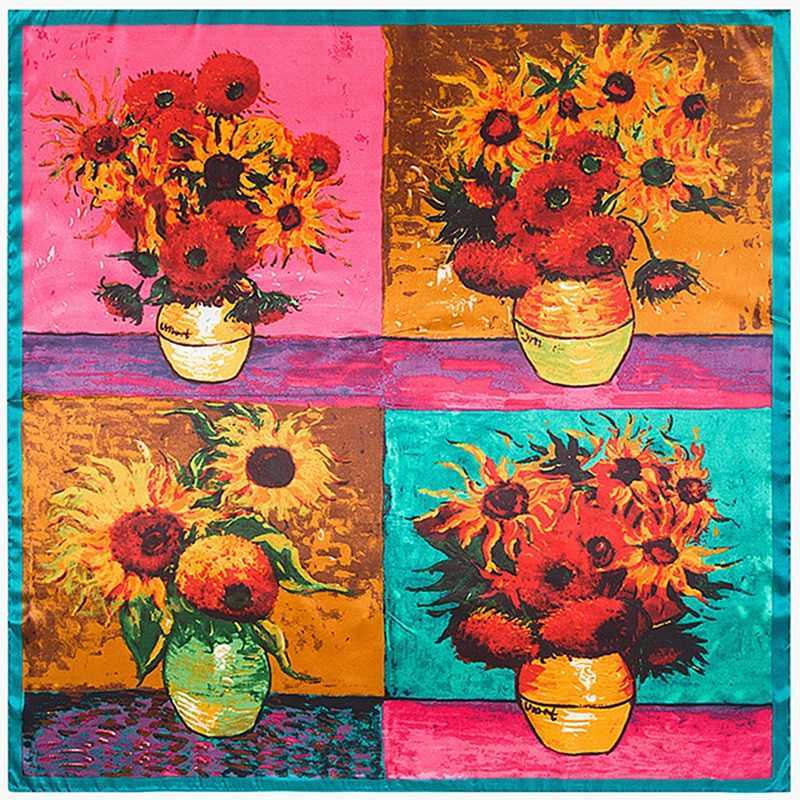 Scarves 90cmHot Sale Spring Van Gogh Classic Series Oil Painting Vase Sunflower Lady Decoration Simulation Silk Scarf Large Square Scarf 240410