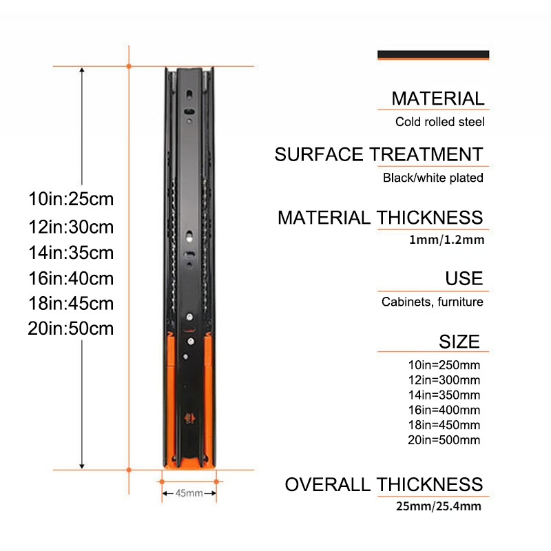 45mm Drawer Slides Soft Close Drawer Track Cold Rolled Steel Closet Rail 10-20 Inch Cabinet Slide Furniture Hardware Accessories