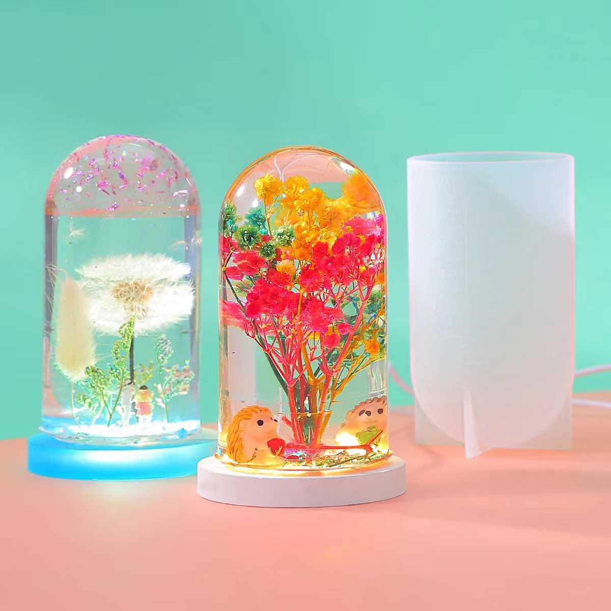 DIY Crystal Epoxy Resin Mould Display Cylindrical Night Light Silicone Mould USB LED Base Mould Home Decor Dried Flower Ornament